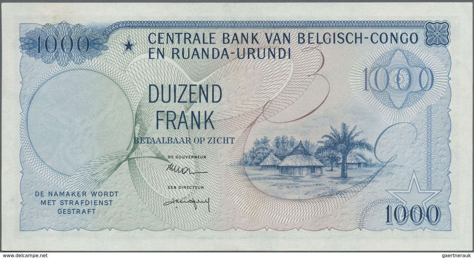 Belgian Congo / Belgisch Kongo: 1000 Francs 1958 P. 35, Light Center Folds And Very Light Handling I - Sin Clasificación