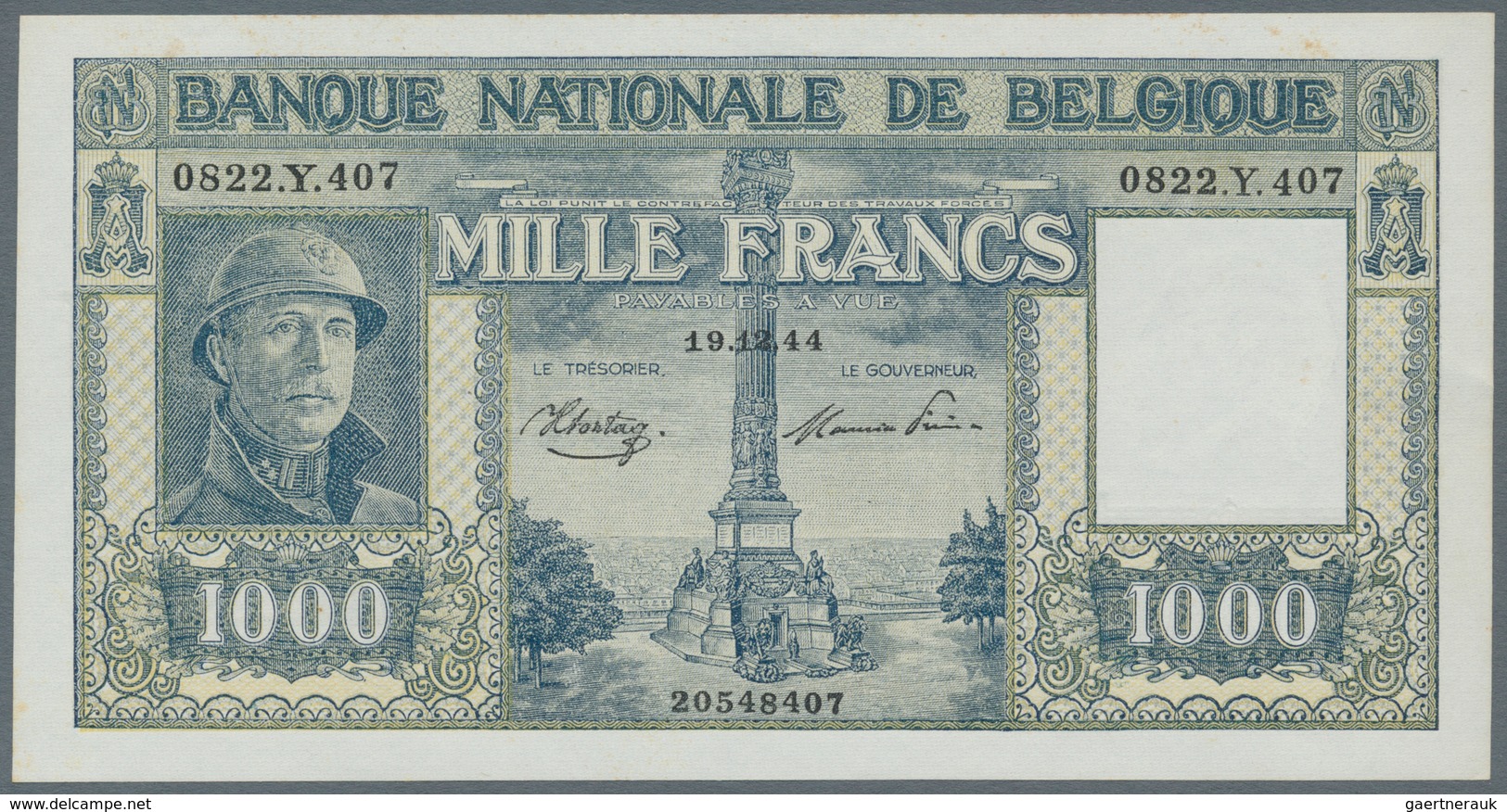 Belgium / Belgien: 1000 Francs 1944, P.128b, Minor Ruyts Spots At Upper Margin, Otherwise Perfect. C - Sonstige & Ohne Zuordnung