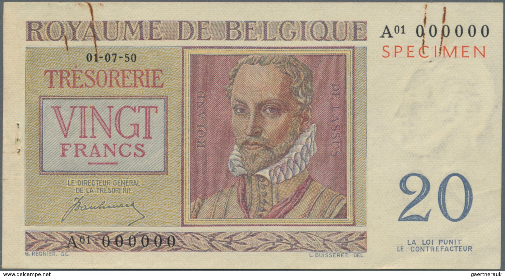 Belgium / Belgien: 20 Francs 1950 Specimen P. 132as, A Rarely Seen Specimen Note With Red Overprint - Otros & Sin Clasificación