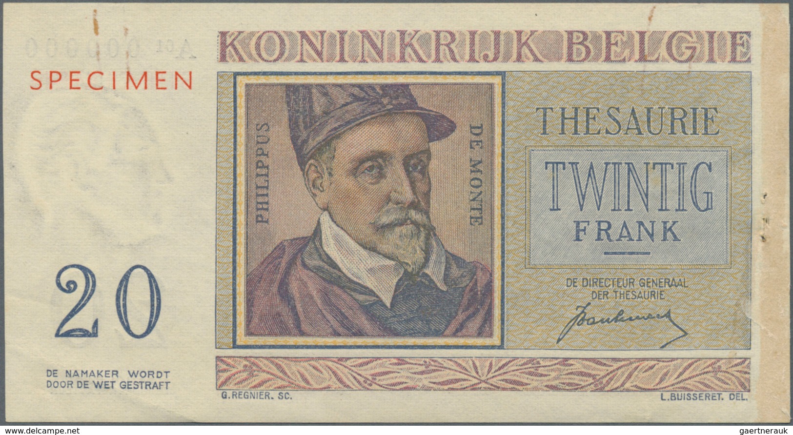 Belgium / Belgien: 20 Francs 1950 Specimen P. 132as, A Rarely Seen Specimen Note With Red Overprint - Andere & Zonder Classificatie