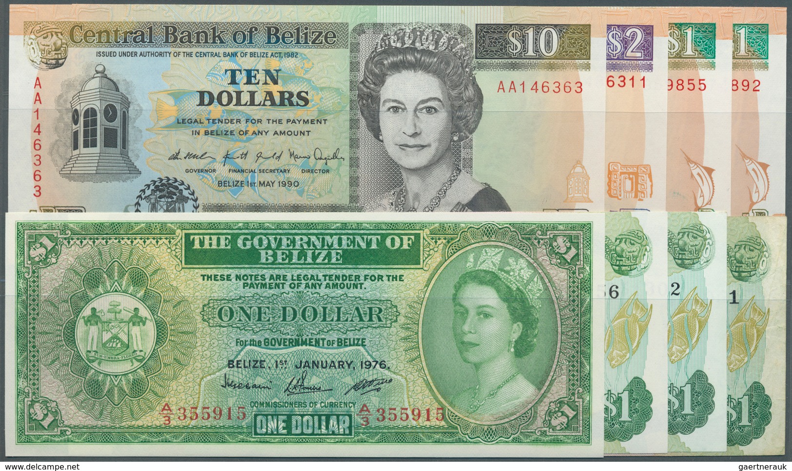 Belize: Set Of 8 Banknotes Containing 1 Dollar 1976 P. 33 (UNC), 1 Dollar 1986 P. 46 (UNC), 2x 1 Dol - Belize