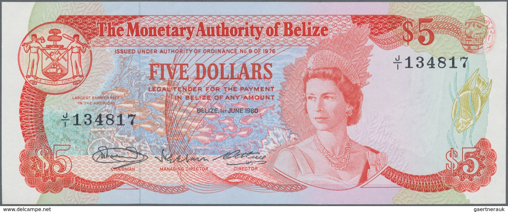 Belize: 5 Dollars 1980 P. 39 In Condition: UNC. - Belice