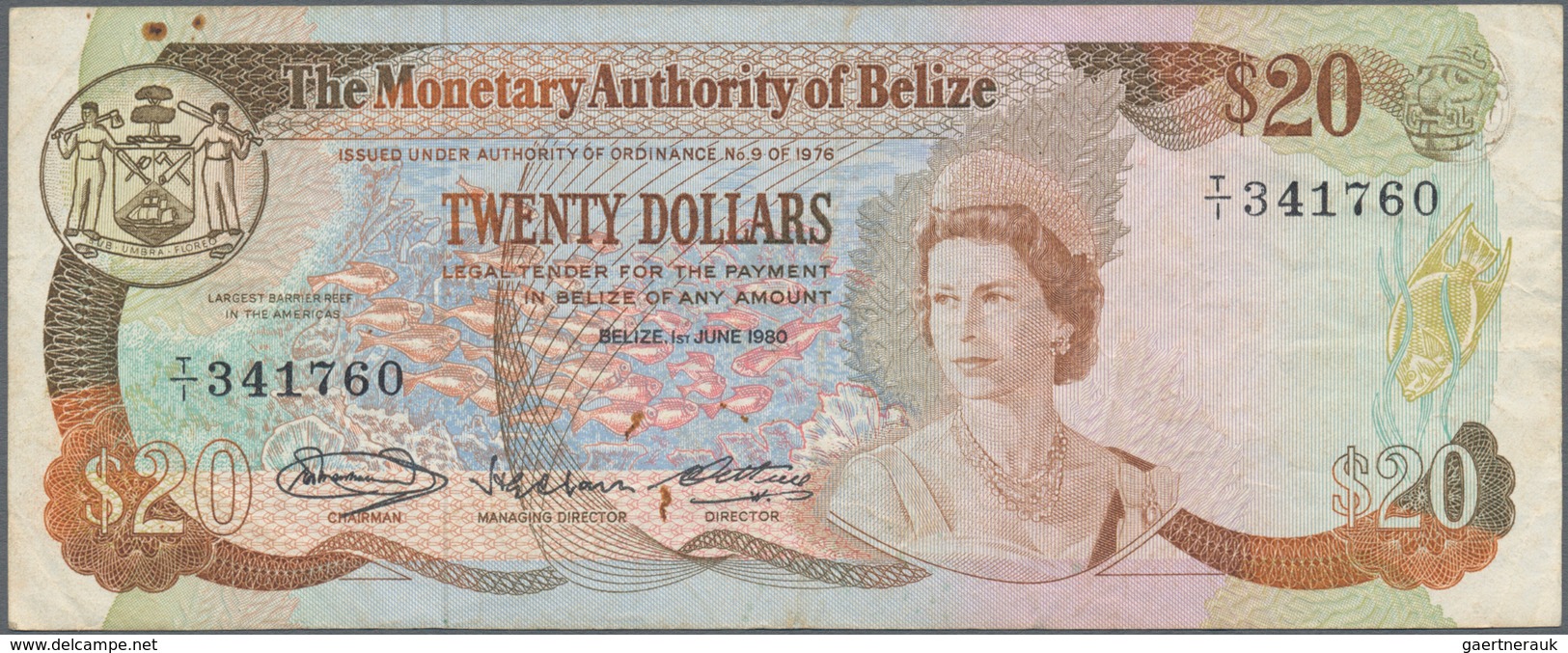 Belize: Set Of 4 Notes Containing 10 Dollars 1987, 20 Dollars 1980, 1 Dollar 1976 & 2 Dollars 1975, - Belice