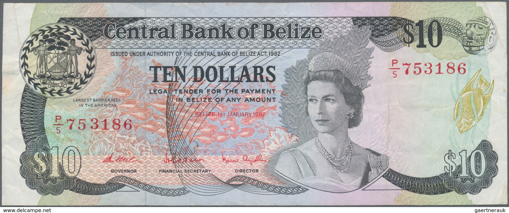 Belize: Set Of 4 Notes Containing 10 Dollars 1987, 20 Dollars 1980, 1 Dollar 1976 & 2 Dollars 1975, - Belice