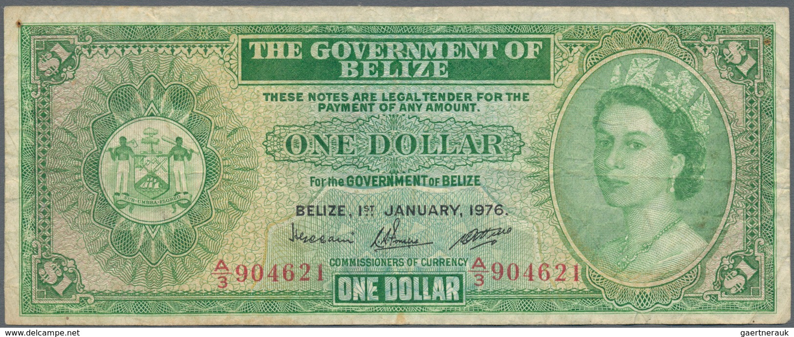 Belize: set of 4 notes containing 10 Dollars 1987, 20 Dollars 1980, 1 Dollar 1976 & 2 Dollars 1975,