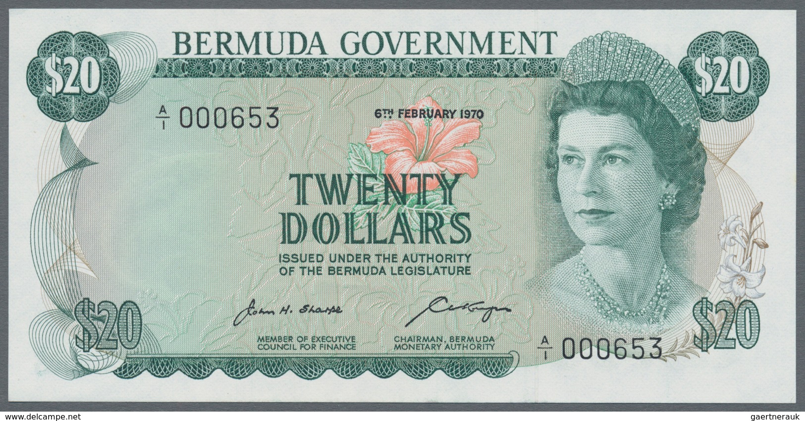 Bermuda: Set Of 3 Notes Containing 5 Shillings 1957 P. 18b (XF), 5 Dollars 1970 P. 24 (UNC) And 20 D - Bermuda