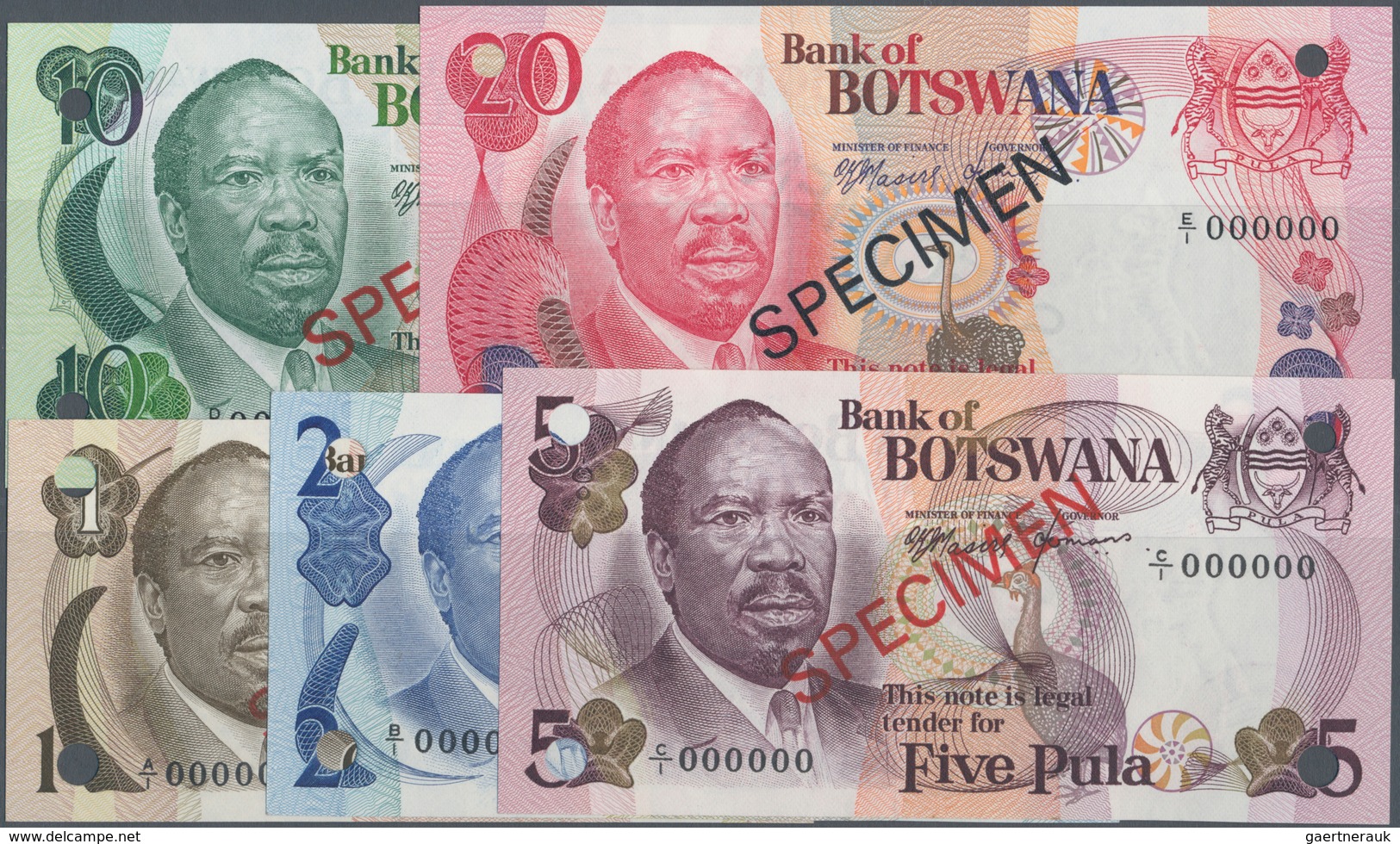 Botswana: Complete Set Of 5 Banknotes 1 To 20 Pula ND(1976) SPECIMEN P. 1s-5s, All In Condition: UNC - Botswana