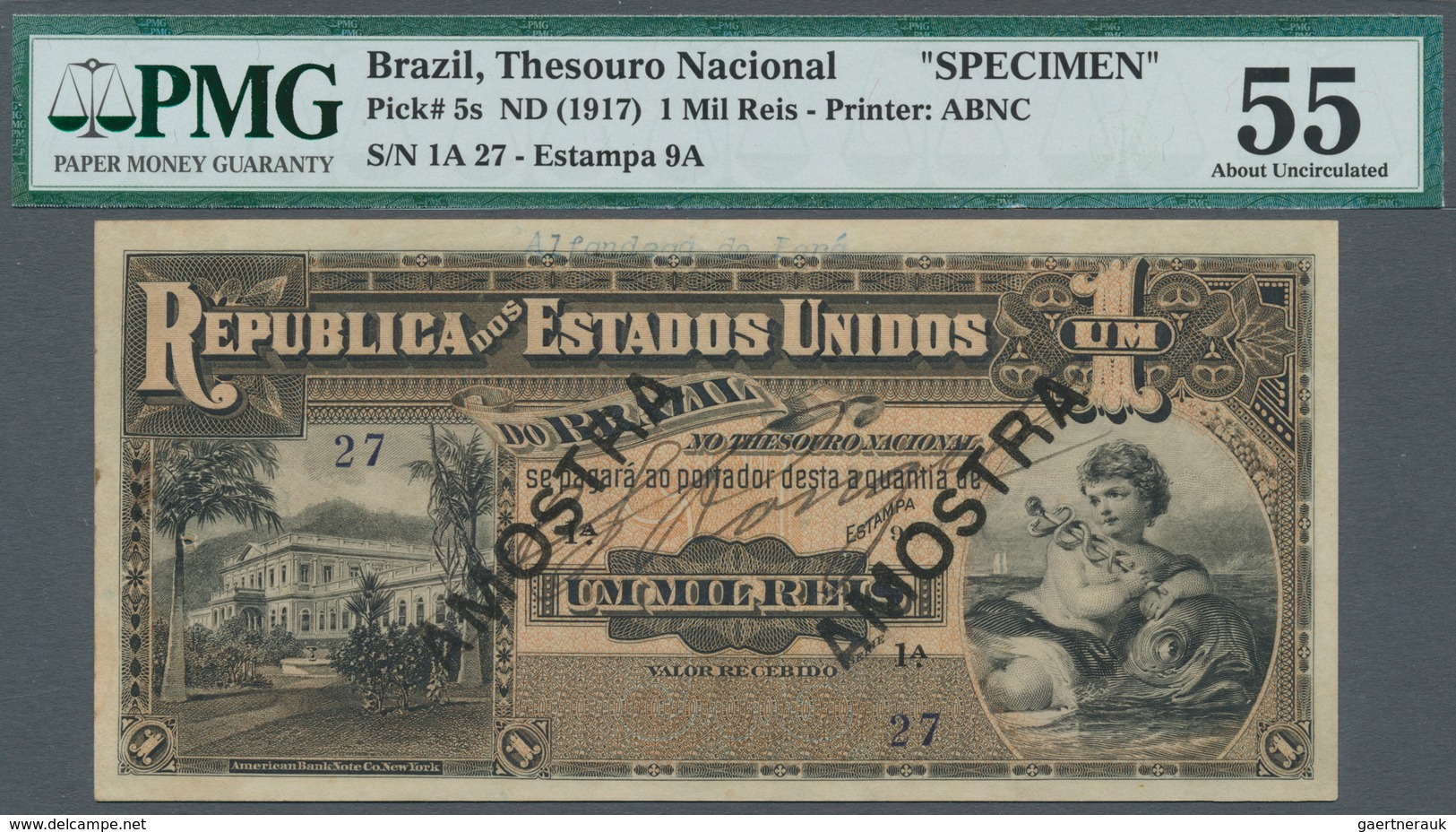 Brazil / Brasilien: 1 Mil Reis ND(1917) Specimen P. 5s, In Condition: PMG Graded 55 AUNC. - Brasilien