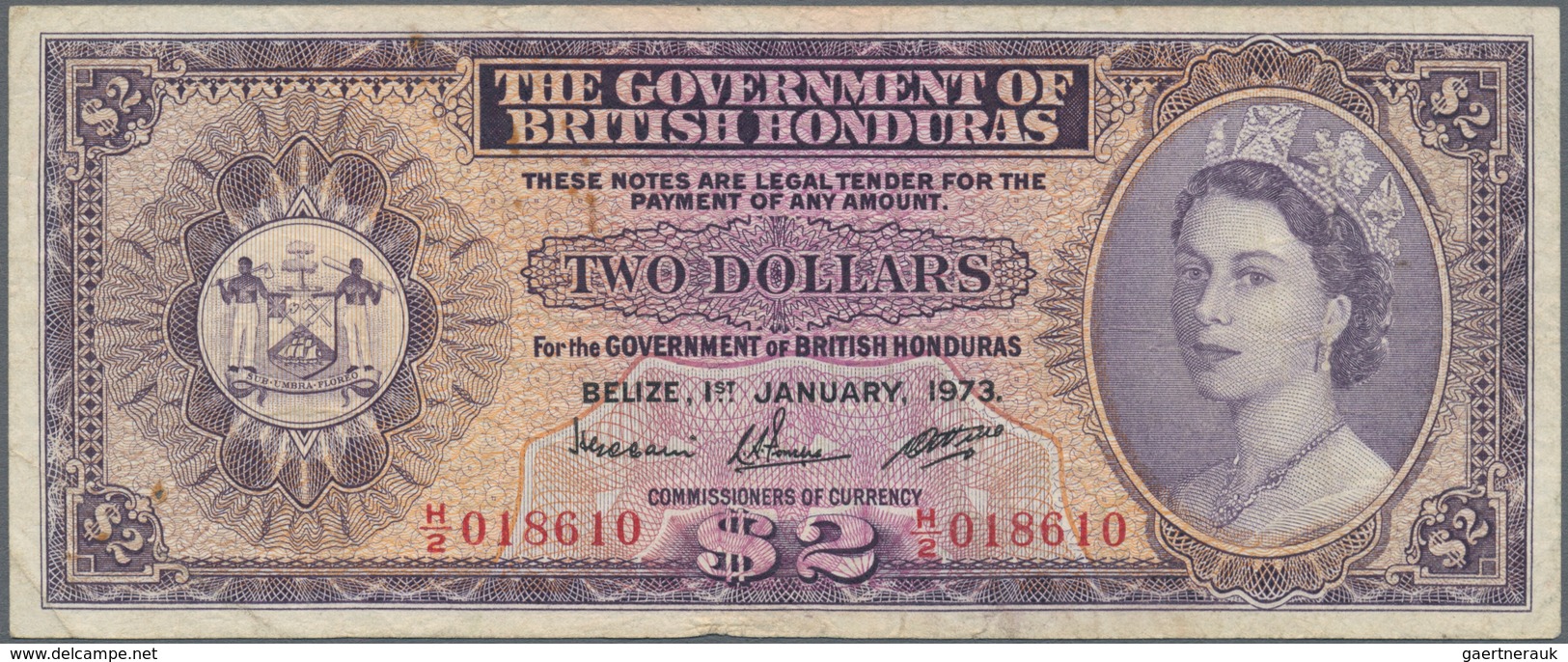 British Honduras: 2 Dollars 1973 P. 29c, Pressed, Folds And Stain In Paper, Minor Pinholes, No Tears - Honduras