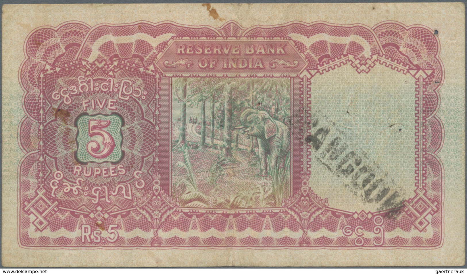 Burma / Myanmar / Birma: 5 Rupees ND Portrait KGIV P. 4 In Used Condition With Seldom Seen "Rangoon" - Myanmar