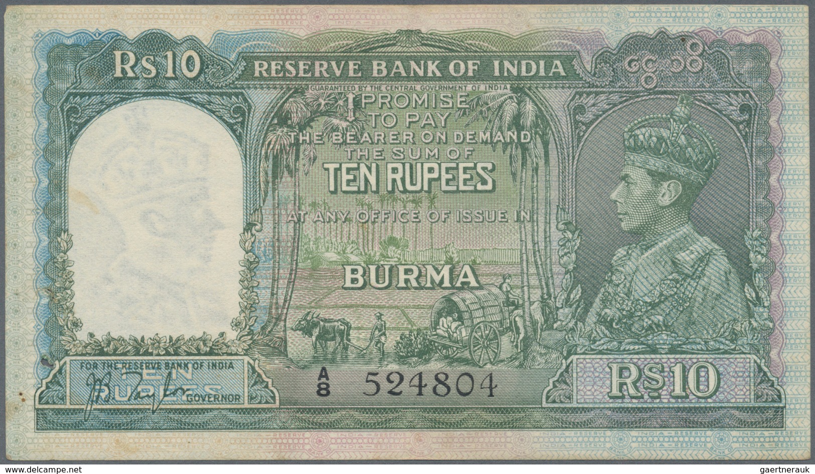 Burma / Myanmar / Birma: Reserve Bank Of India 10 Rupees ND(1938), P.5, Excellent Condition With Pin - Myanmar