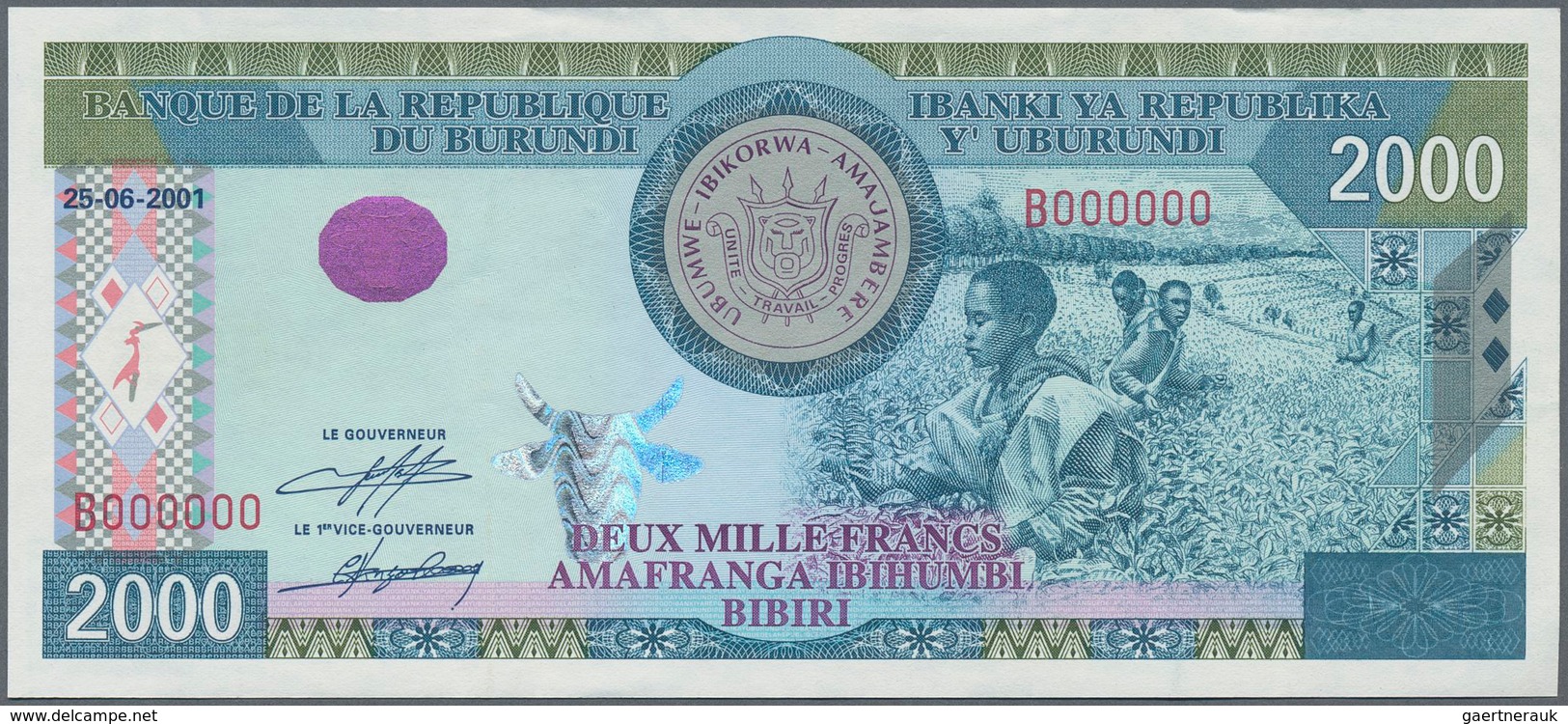 Burundi: 2000 Francs 2001 Specimen P. 41s, 3 Light Bends In Paper, Condition: XF. - Burundi