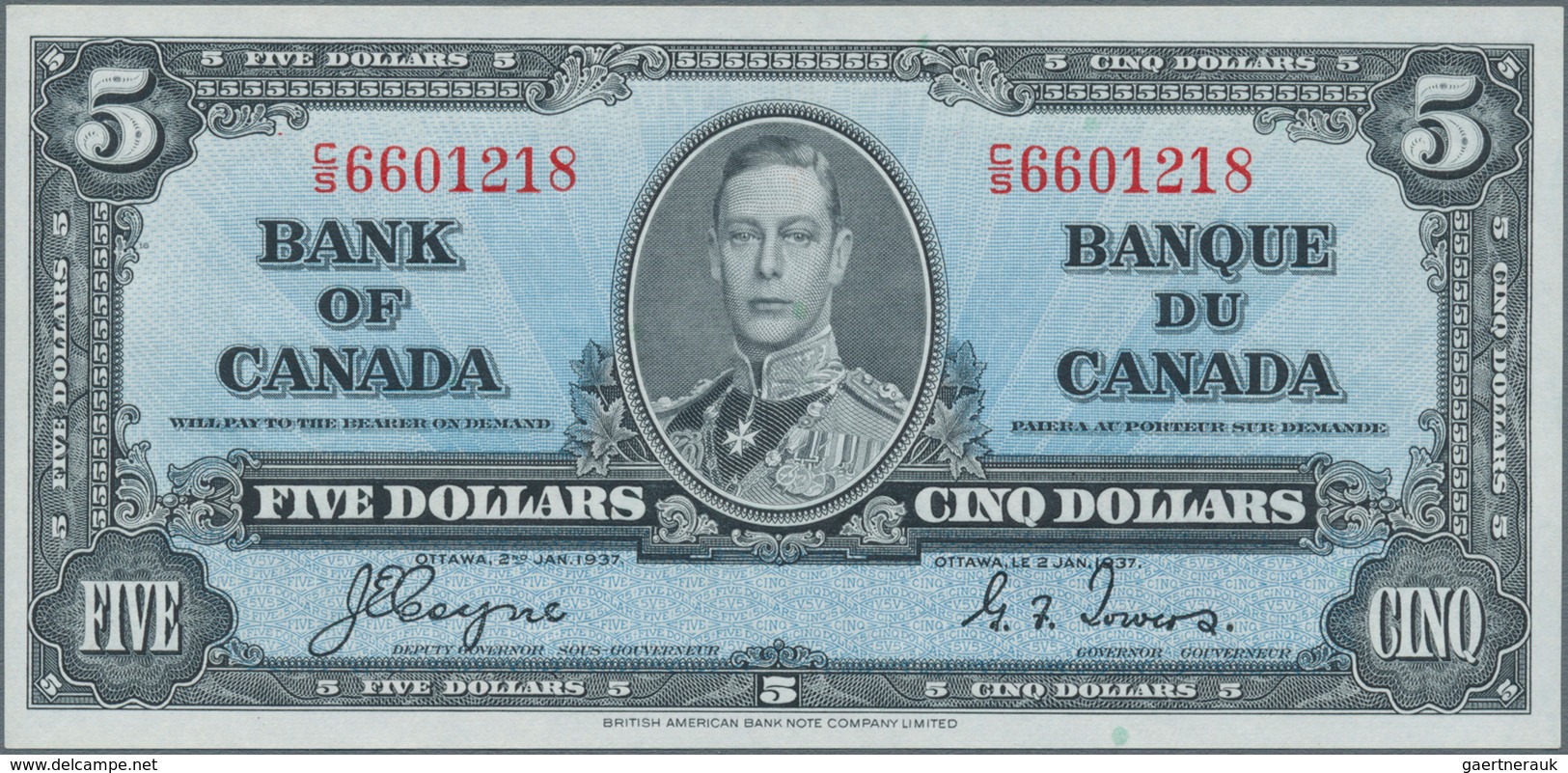 Canada: 5 Dollars 1937 P. 60c, Light Dint At Right, Otherwise Crisp Original, Condition: AUNC. - Kanada