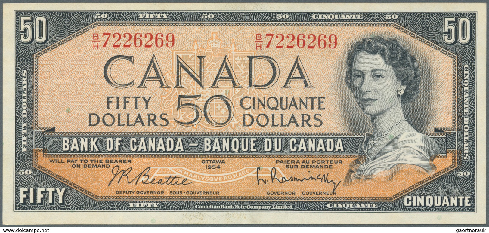 Canada: 50 Dollars 1954, Signature Beattie & Rasminsky, P.81b With Soft Vertical Fold At Center. Con - Canada