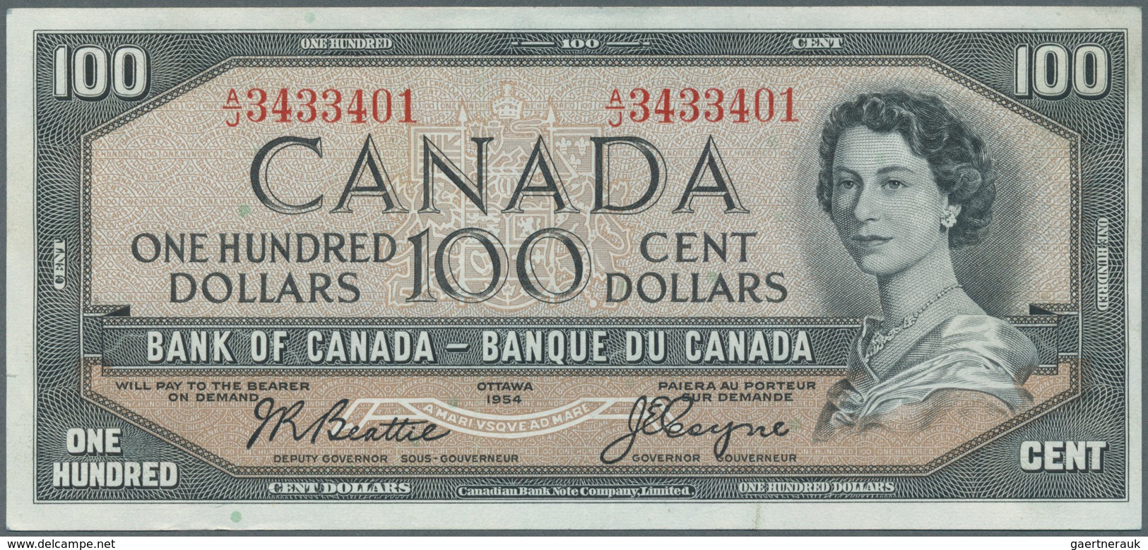 Canada: 100 Dollars 1954, Signature Beattie & Coyne, P.82a With Two Vertical Folds At Center And A F - Kanada