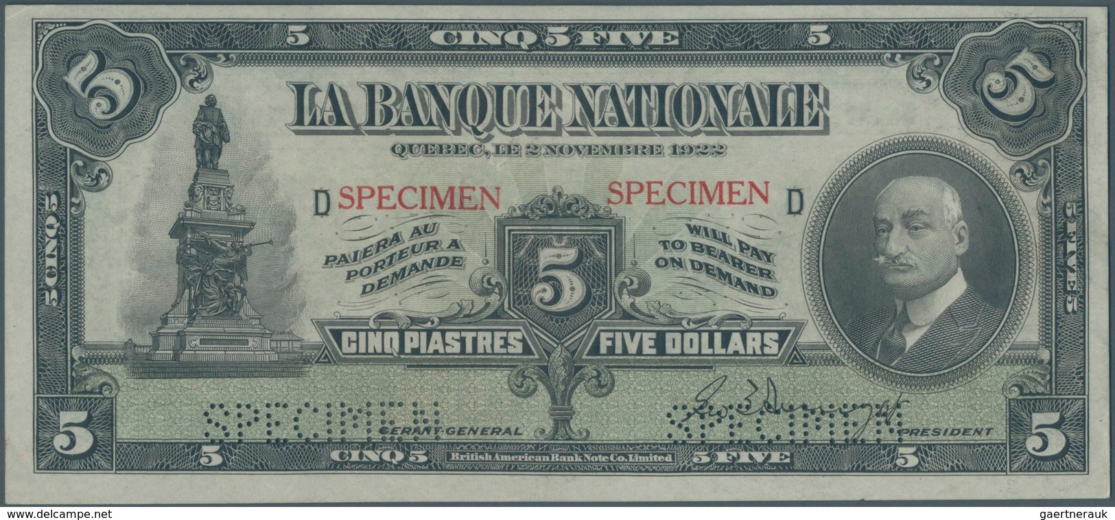 Canada: La Banque Nationale 5 Dollars 1922 SPECIMEN, P.S871s With Ovpt. And Perforation Specimen And - Kanada