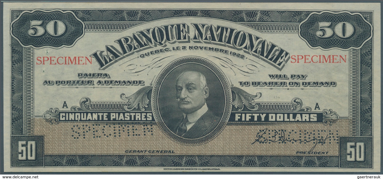 Canada: La Banque Nationale 50 Dollars 1922 SPECIMEN, P.S874s In Excellent Condition, Just Slightly - Kanada