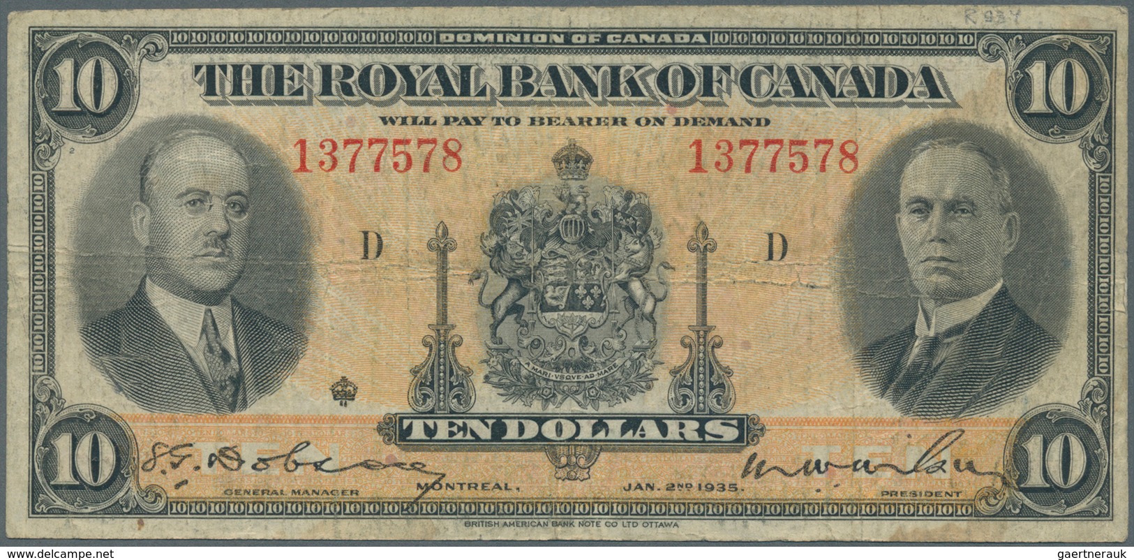 Canada: The Royal Bank Of Canada 10 Dollars 1935, P.S1392, Still Strong Paper With Several Folds And - Canada