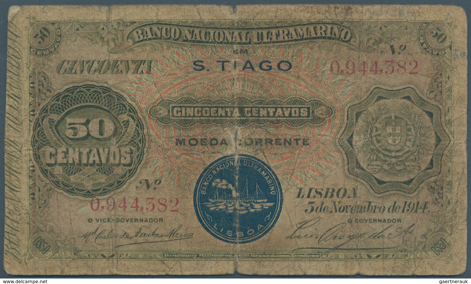 Cape Verde / Kap Verde: 50 Centavos 1914 With Ovpt. S.TIAGO And Seal Type II At Lower Center, P.16 I - Kaapverdische Eilanden