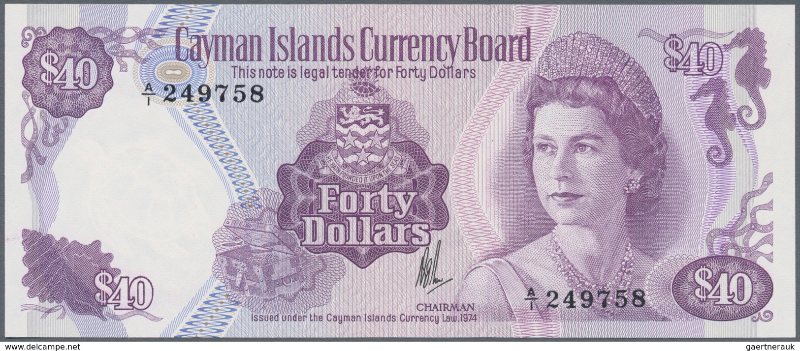 Cayman Islands: 40 Dollars L.1974 P. 9, Portrait QEII, S/N A/1 249758, With Picture Of "Pirates Week - Iles Cayman