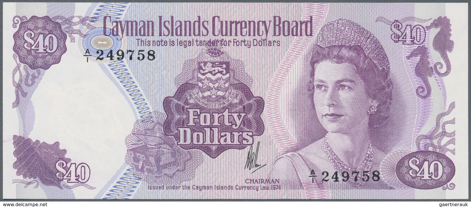 Cayman Islands: 40 Dollars L.1974 P. 9, Portrait QEII, S/N A/1 249758, With Picture Of "Pirates Week - Kaimaninseln