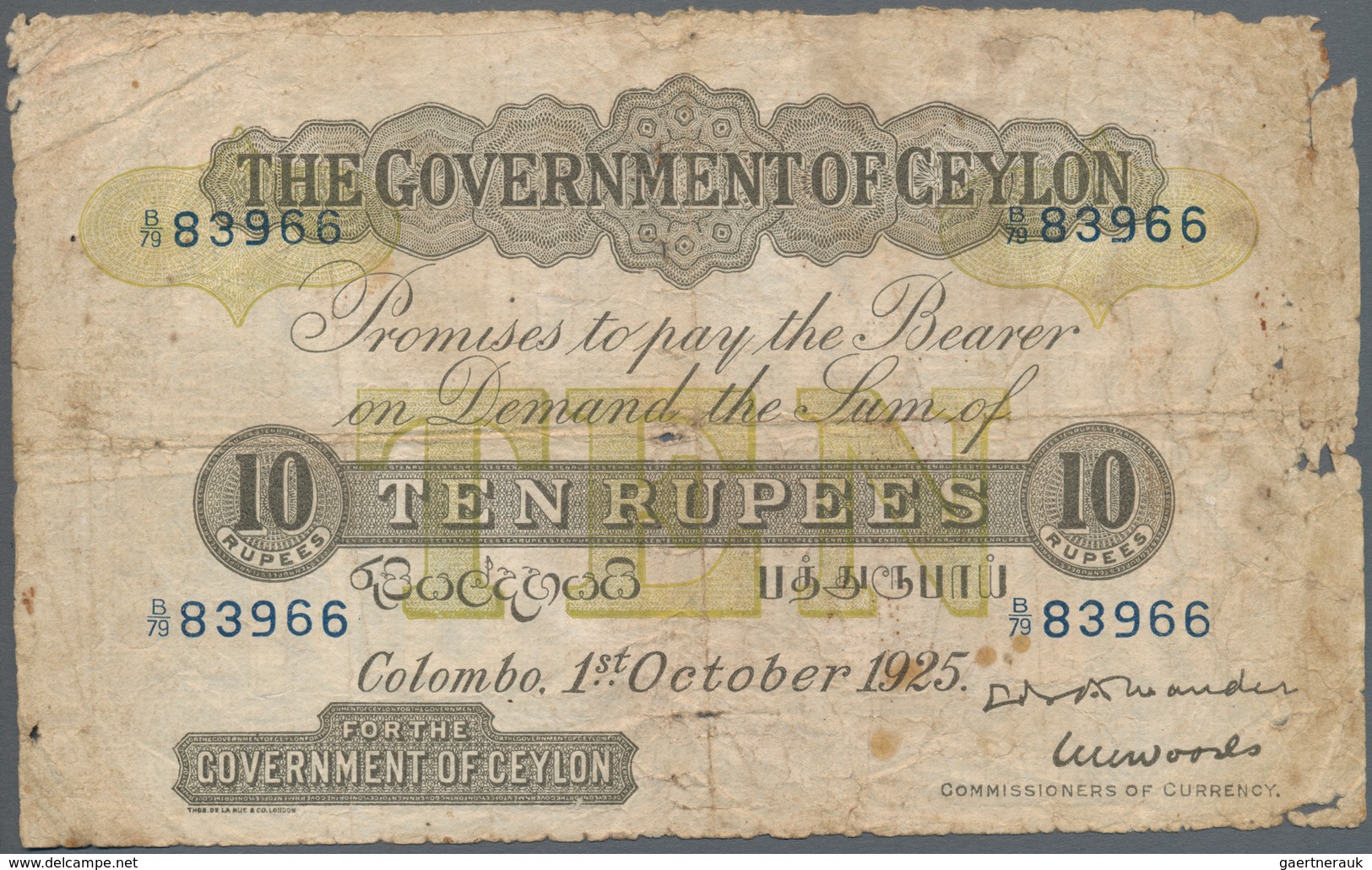 Ceylon: 10 Rupees 1925 P. 12c, Higher Denomination But Stronger Used With Strong Border Wear, Crease - Sri Lanka