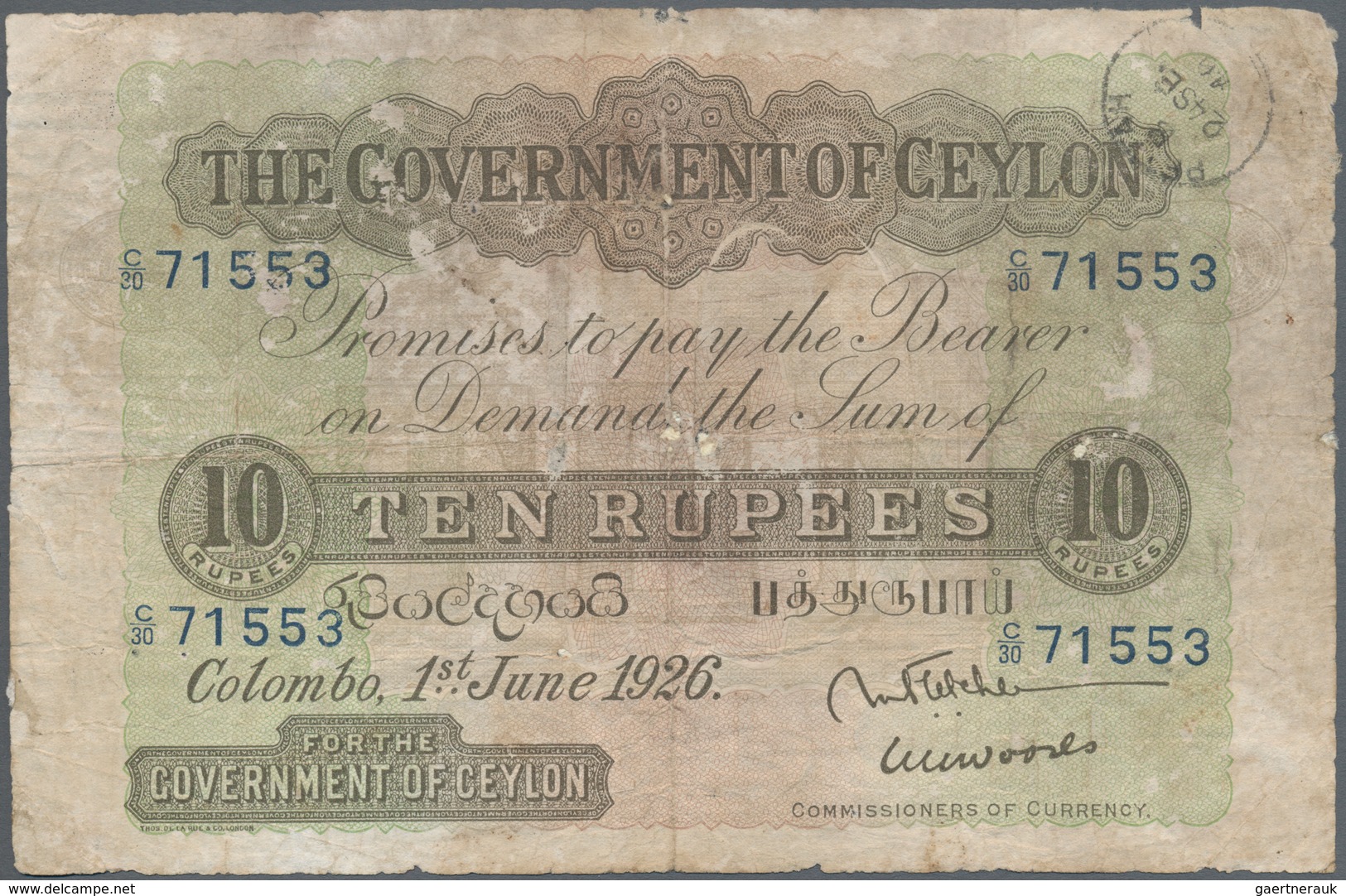 Ceylon: 10 Rupees 1926 P. 12c, Stronger Used With Color Abrasions, Border Wear, Pressed, Paper Thinn - Sri Lanka