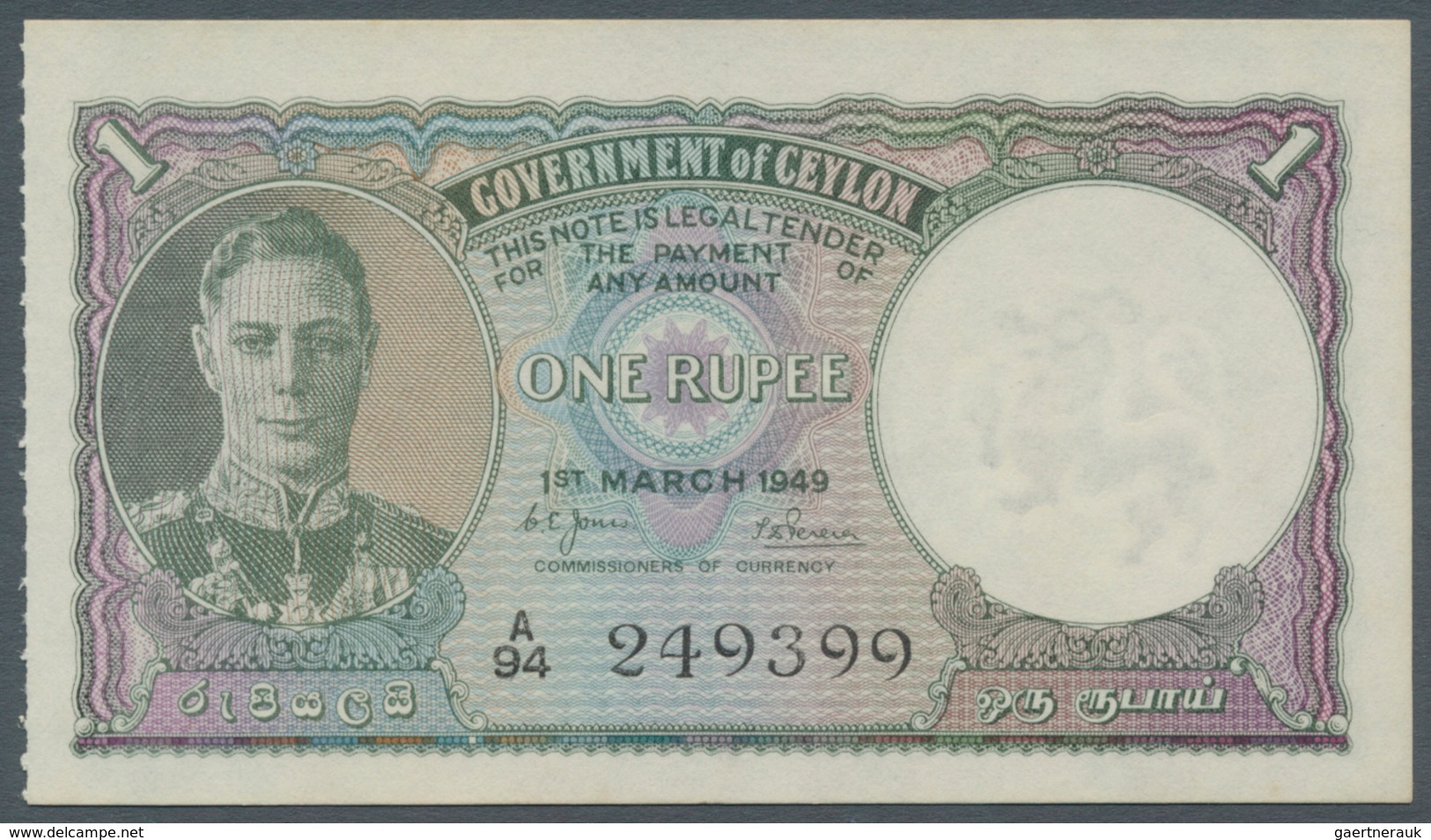 Ceylon: 1 Rupee 1949, P.34, Almost Perfect With A Very Soft Vertical Bend At Center. Condition: XF+/ - Sri Lanka