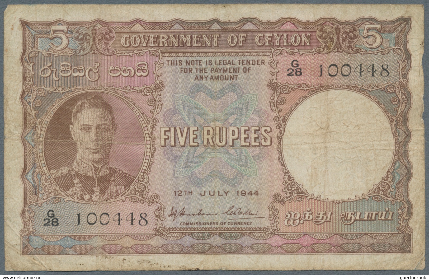 Ceylon: Pair Of 5 And 10 Rupees 1944, P.36, 37, Both In Used Condition With Tiny Pinholes And Small - Sri Lanka