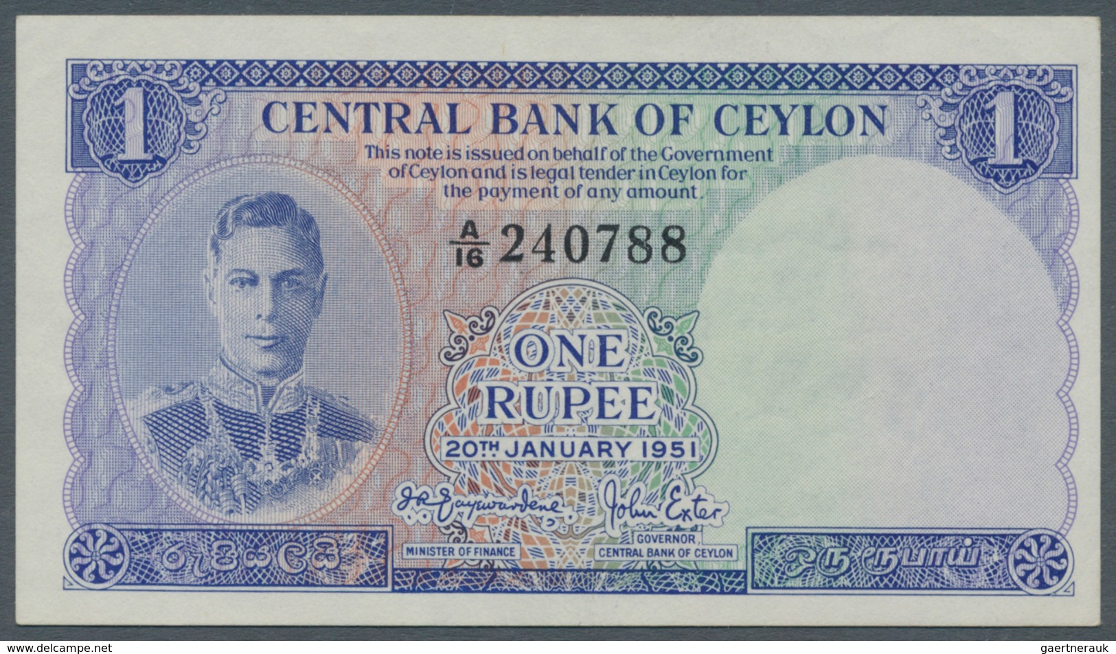 Ceylon: 1 Rupee 1951, P.47, Excellent Condition With Soft Vertical Fold And A Few Minor Creases. Con - Sri Lanka