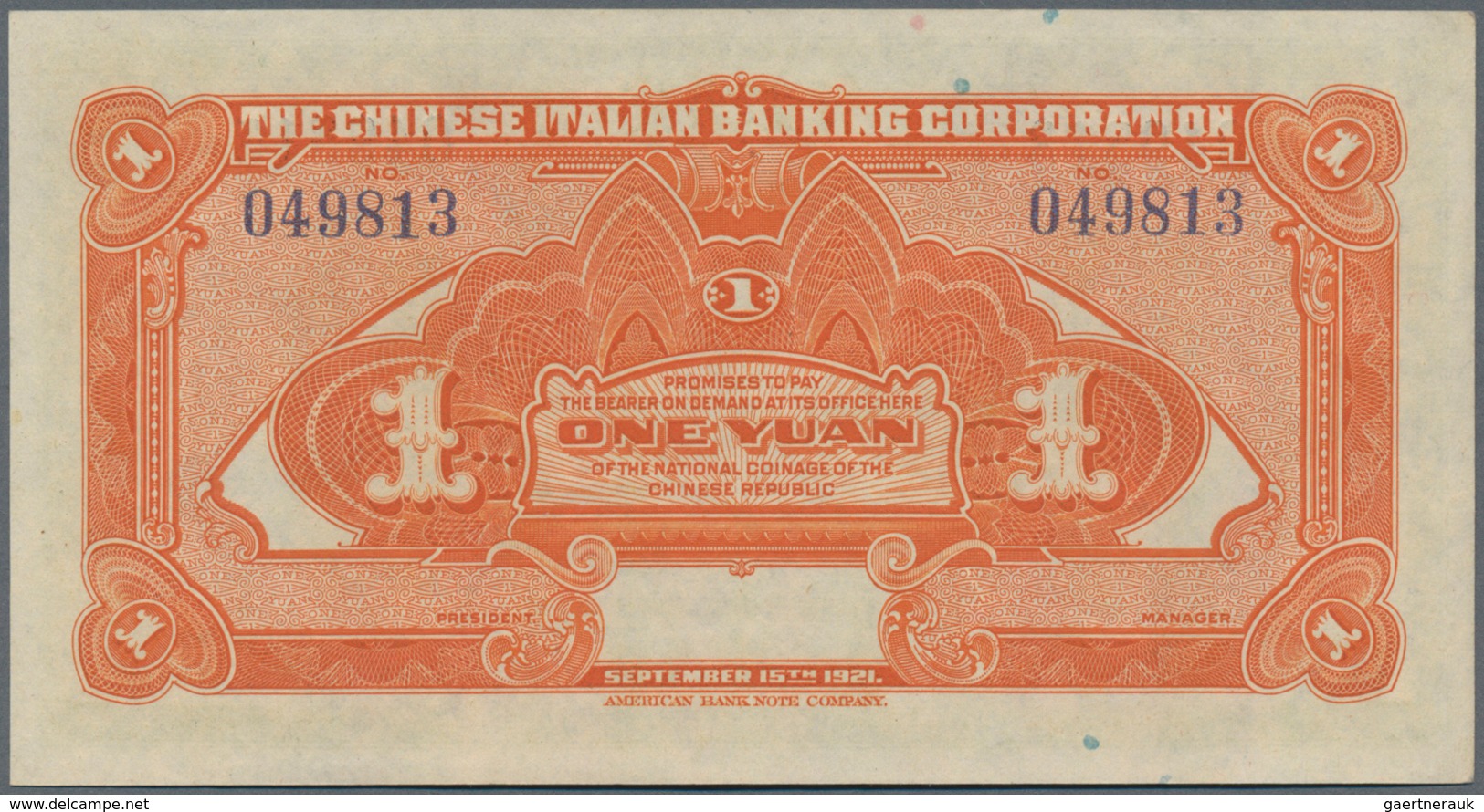 China: The Chinese Italian Banking Corporation 1 Yuan 1921 P. 253 In Condition: AUNC. - China