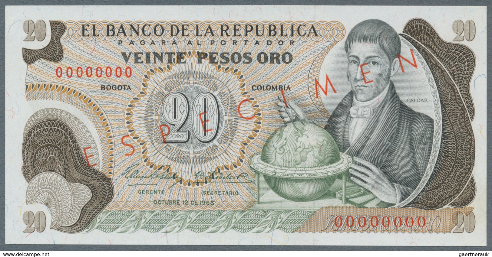 Colombia / Kolumbien: 20 Pesos Oro 1966 Specimen P. 409s, With Zero Serial Numbers And Specimen Over - Colombie