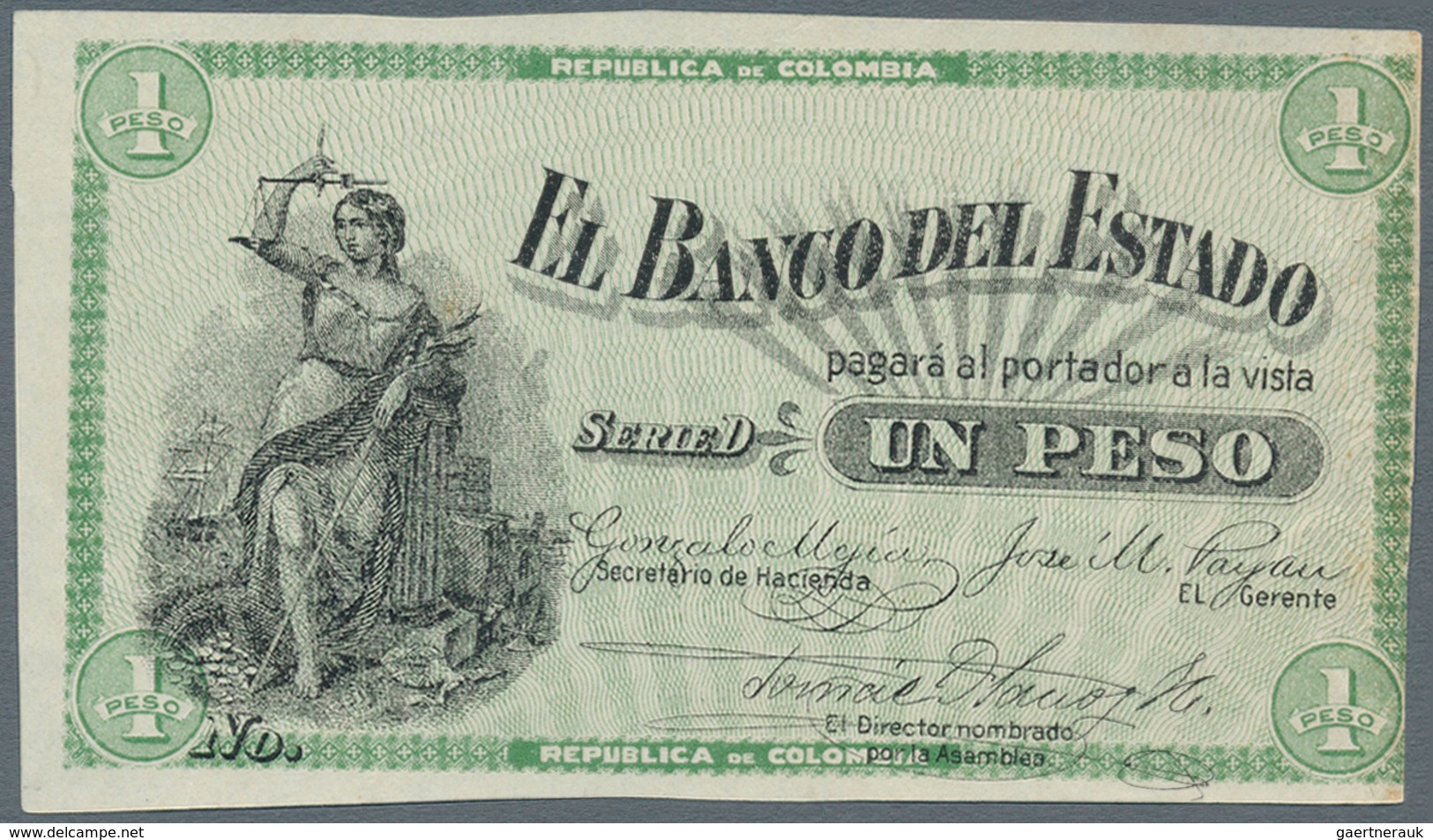 Colombia / Kolumbien: El Banco Del Estado 1 Peso 1900 W/o Serial Number And Series "D", P.S504d Proo - Kolumbien