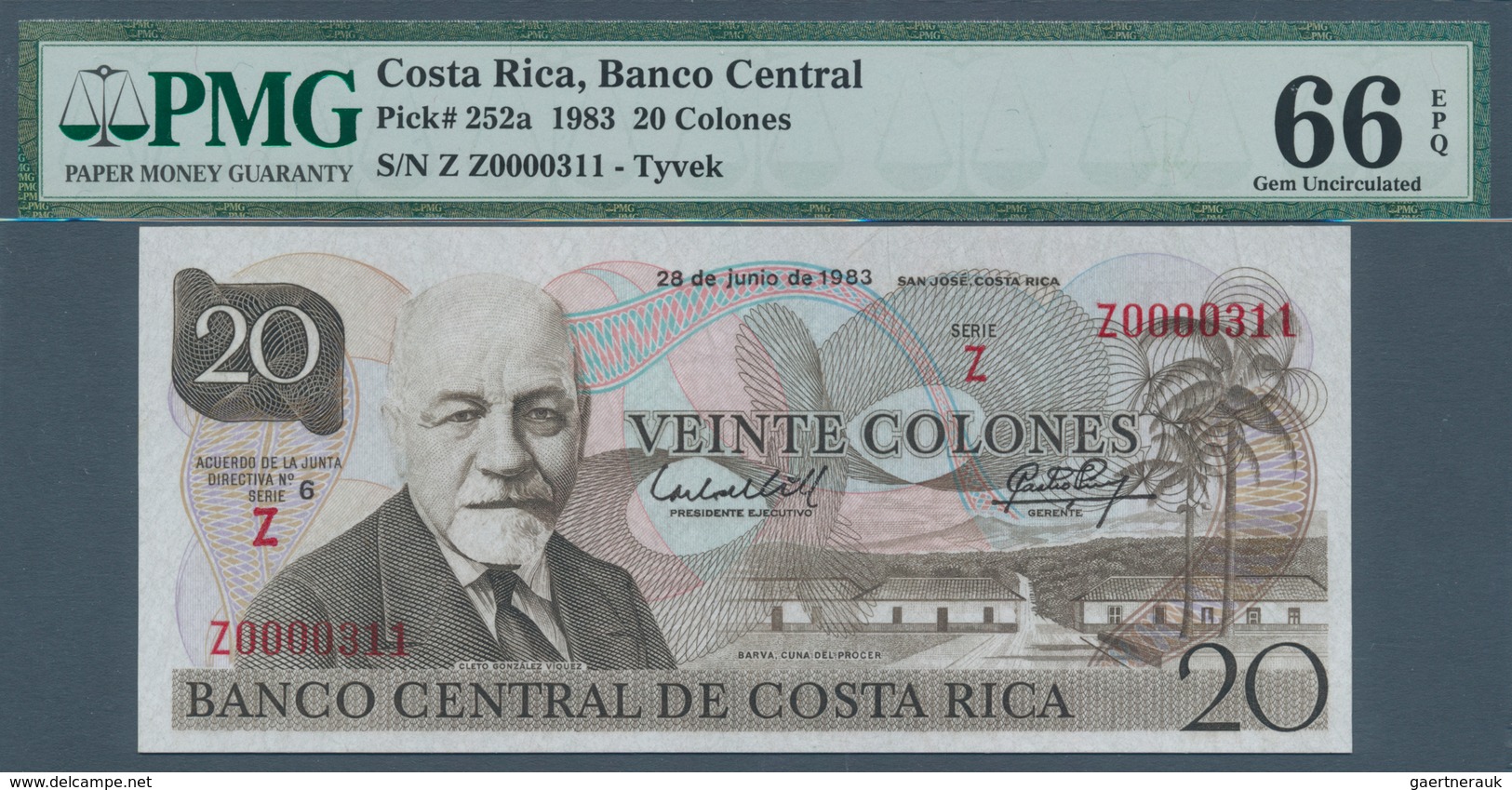 Costa Rica: 20 Colones 1983 TYVEK Note P. 252a With Low Serial Number #Z0000311, In Condition: PMG G - Costa Rica