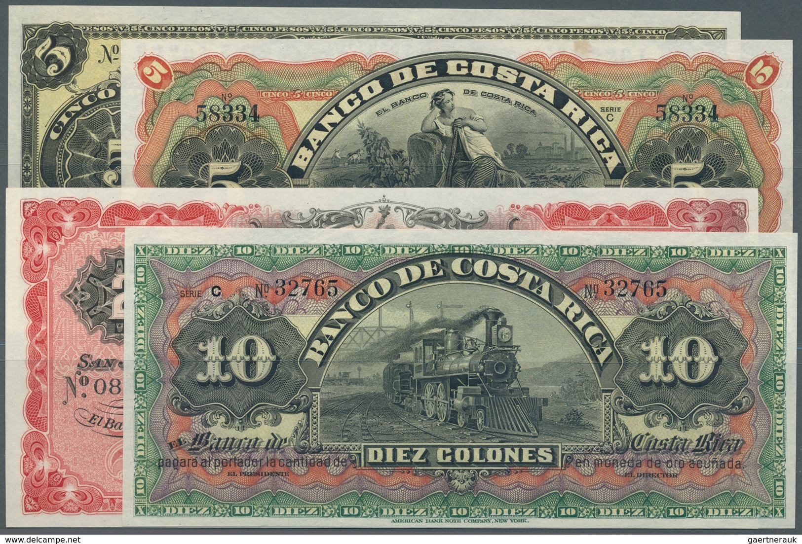 Costa Rica: Set Of 4 Notes Containing 5 Pesos 1899 Remainder P. S163 (UNC), 5 Colones ND Remainder P - Costa Rica