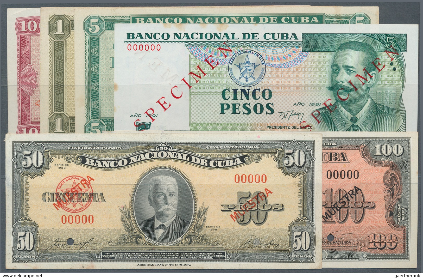 Cuba: Banco Nacional De Cuba Set With 6 Specimen Comprising 50 Pesos 1958 Specimen, 100 Pesos 1959 S - Cuba