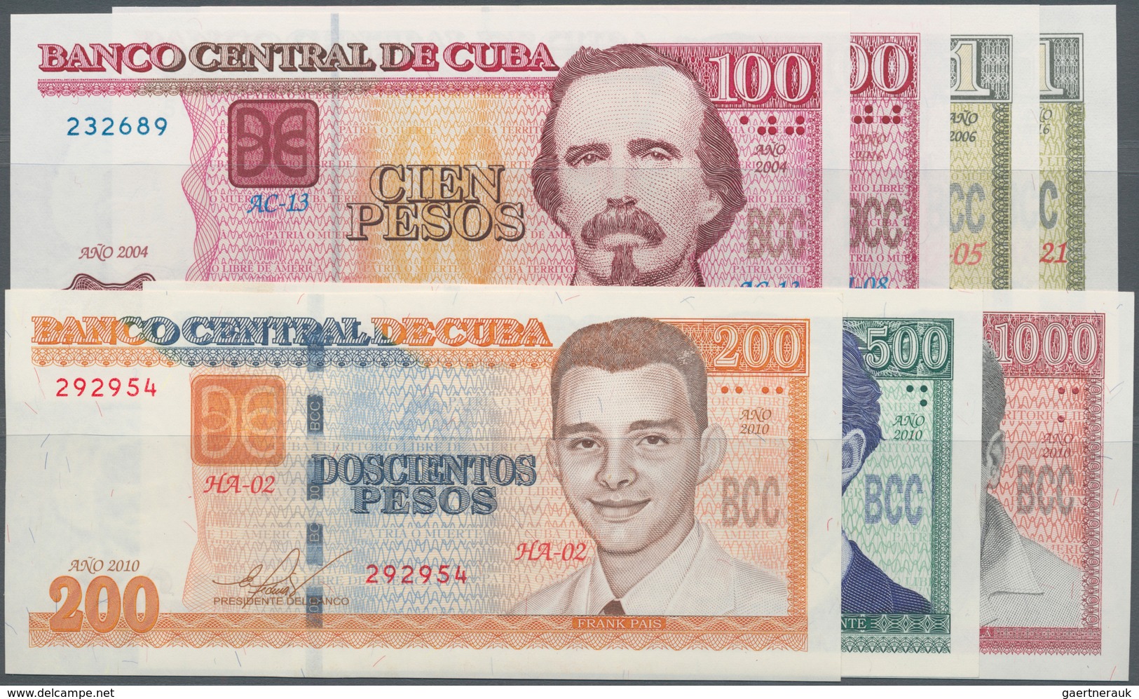 Cuba: High Value Lot With 7 Banknotes 1 - 1000 Pesos 2004-2016, P.128a-132a, All In UNC Condition. ( - Kuba