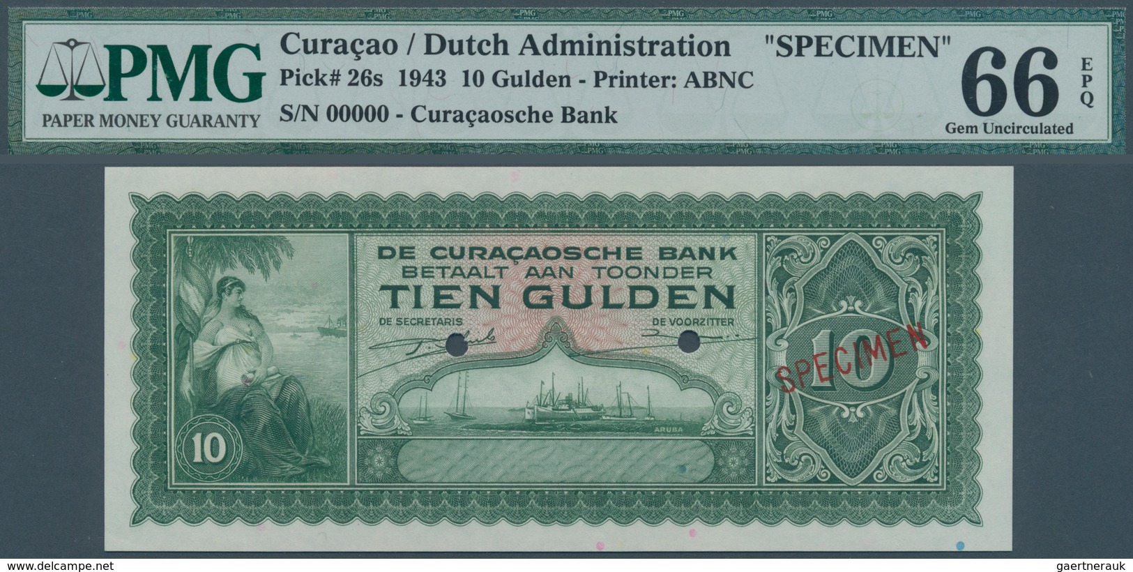 Curacao: 10 Gulden 1943 SPECIMEN, P.26s In Perfect Condoition, PMG Graded 66 Gem Uncirculated EPQ - Sonstige – Amerika
