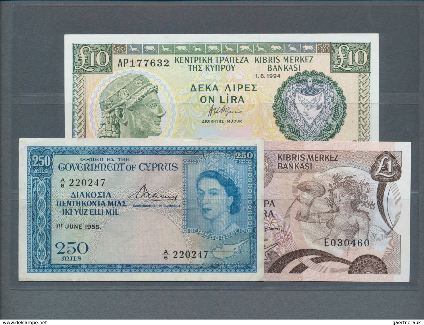 Cyprus / Zypern: Very Nice Set With 3 Banknotes 250 Mils 1955 P.33a In F+, 1 Pound 1979 P.46 In XF A - Cyprus