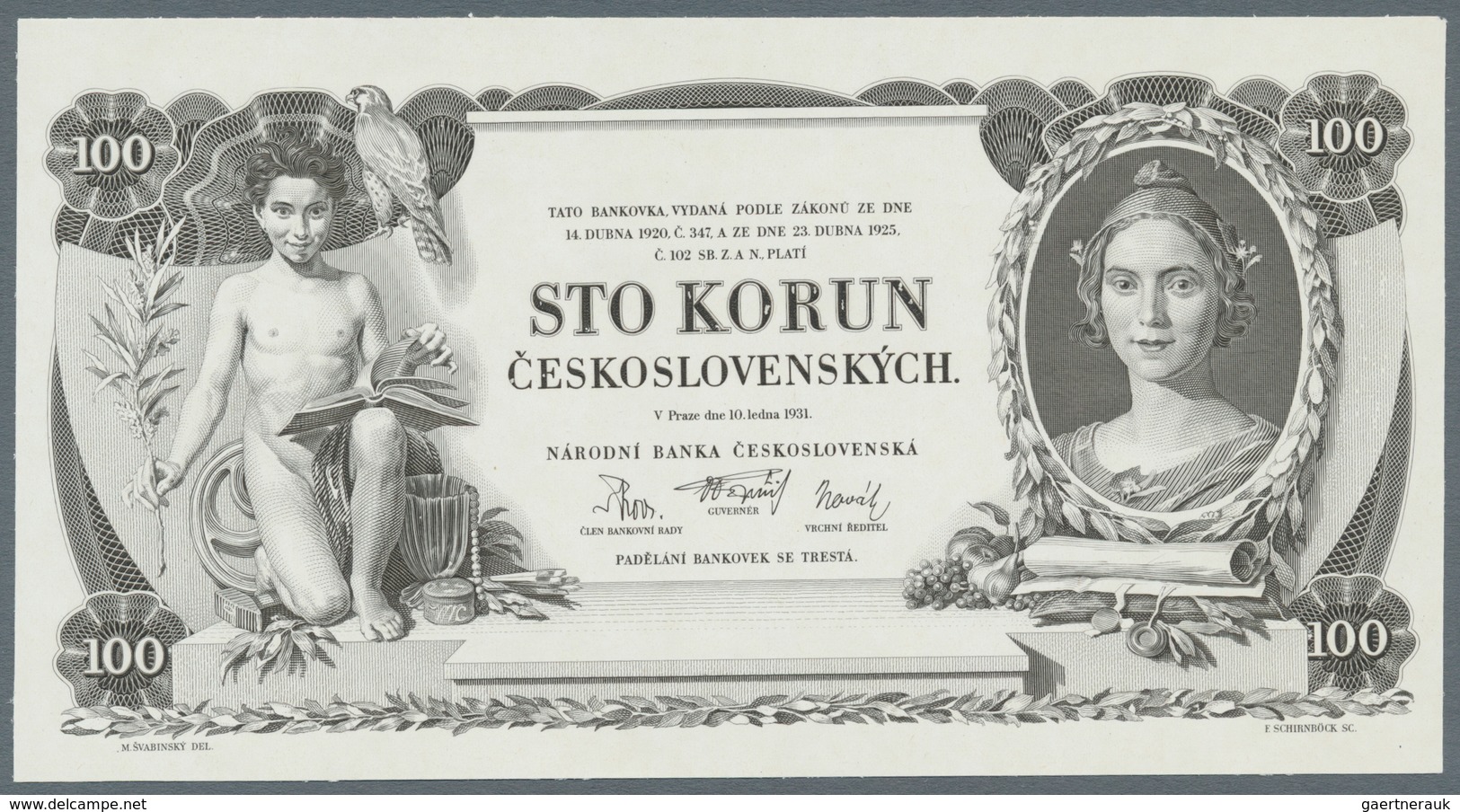 Czechoslovakia / Tschechoslowakei: Uniface Intaglio Printed Front Proof For The 100 Korun 1931in Bla - Tschechoslowakei