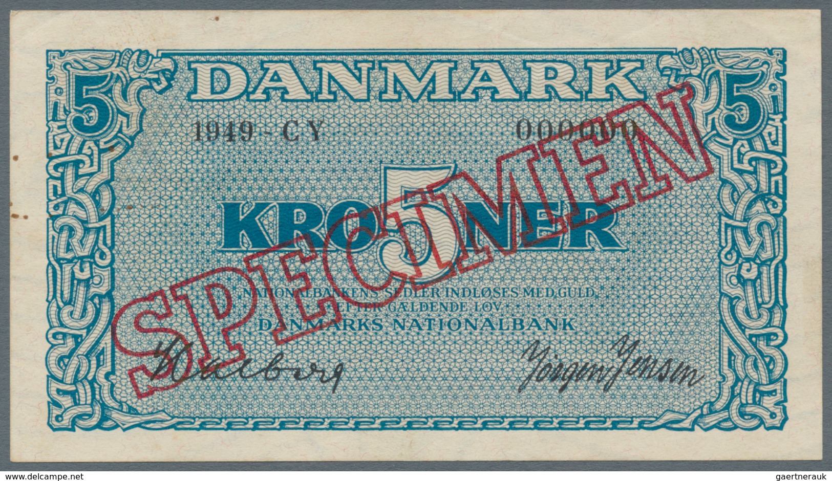 Denmark  / Dänemark: 5 Kroner 1949 Specimen P. 35s, In Condition: XF+. - Dänemark