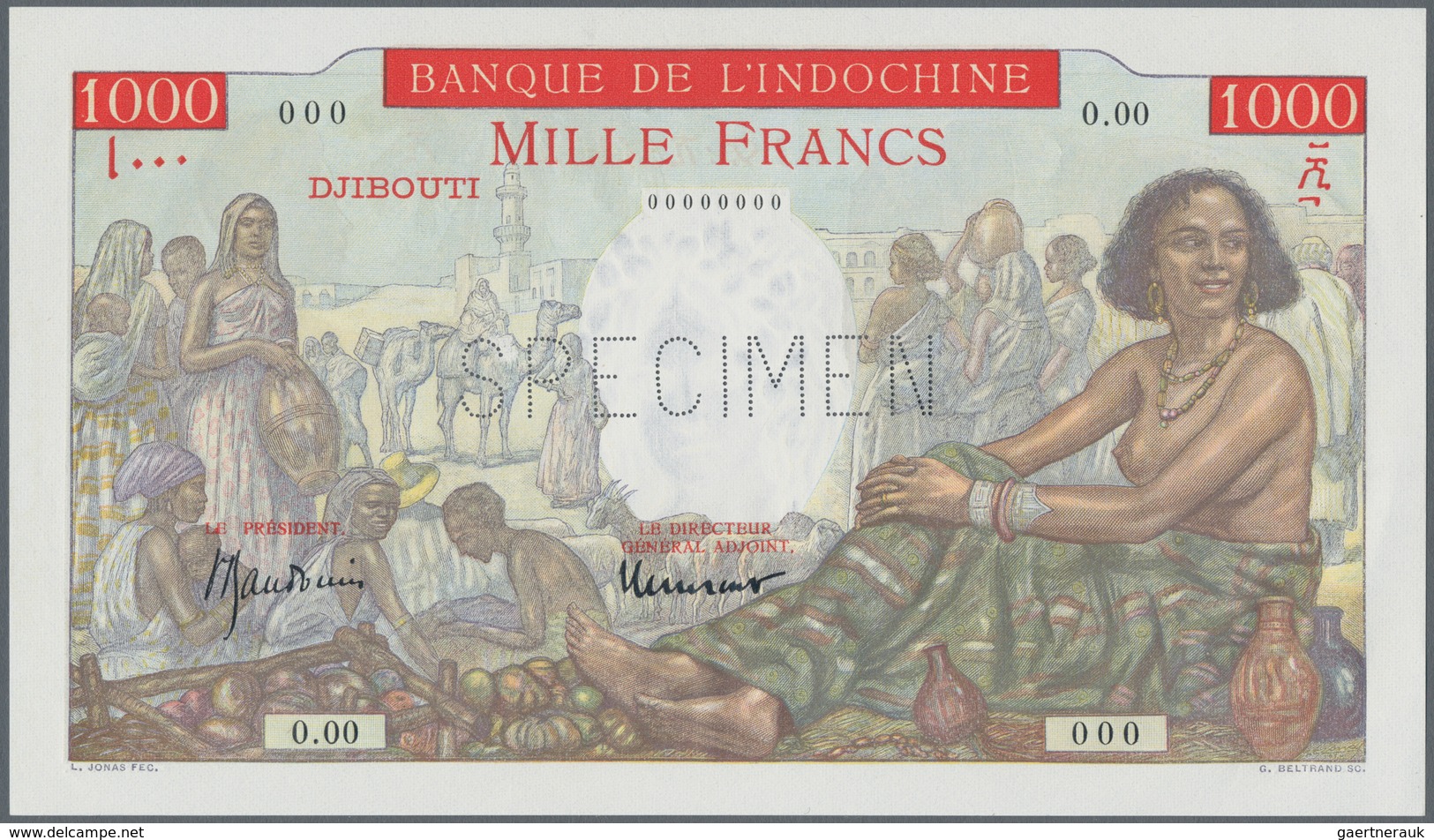 Djibouti / Dschibuti: 1000 Francs ND(1938) Specimen P. 10As With Zero Serial Numbers And Specimen Pe - Djibouti