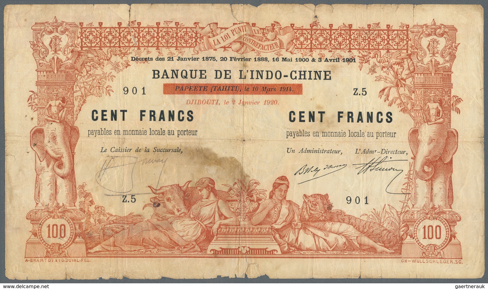 Djibouti / Dschibuti: 100 Francs 1920 On Banque De L'Indochine 1914 P. 4a, A Bit Stronger Used With - Djibouti