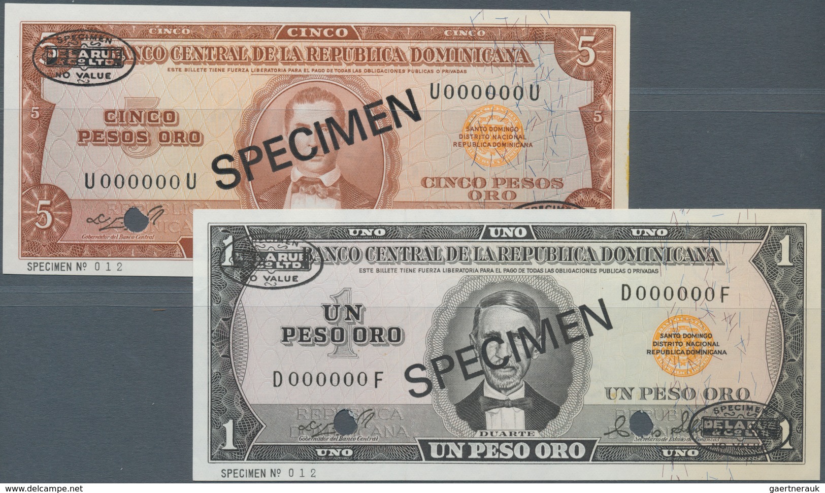 Dominican Republic / Dominikanische Republik: Set Of 2 Specimen Notes Containing 1 And 5 Pesos Oro 1 - Dominicaanse Republiek