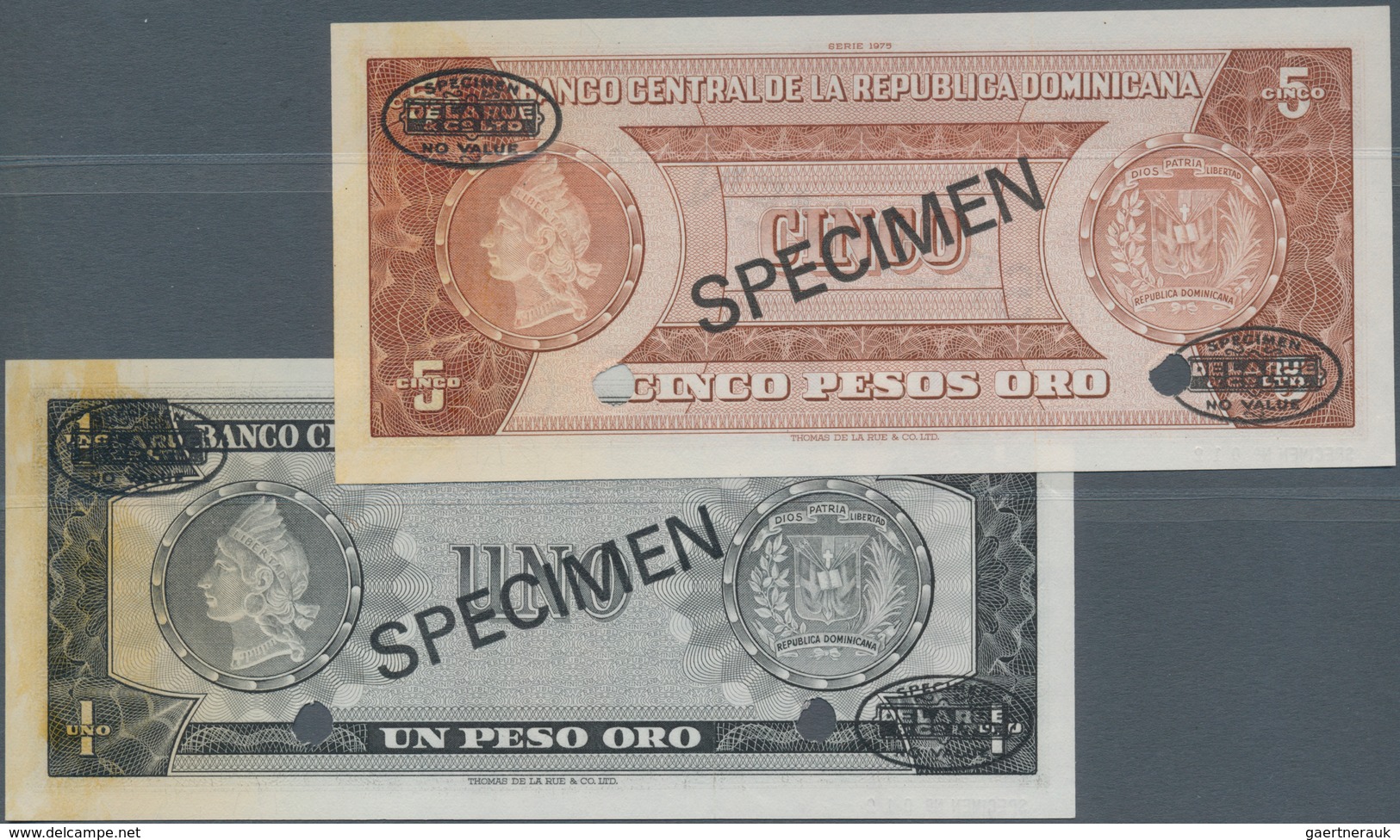 Dominican Republic / Dominikanische Republik: Set Of 2 Specimen Notes Containing 1 And 5 Pesos Oro 1 - Dominicaine