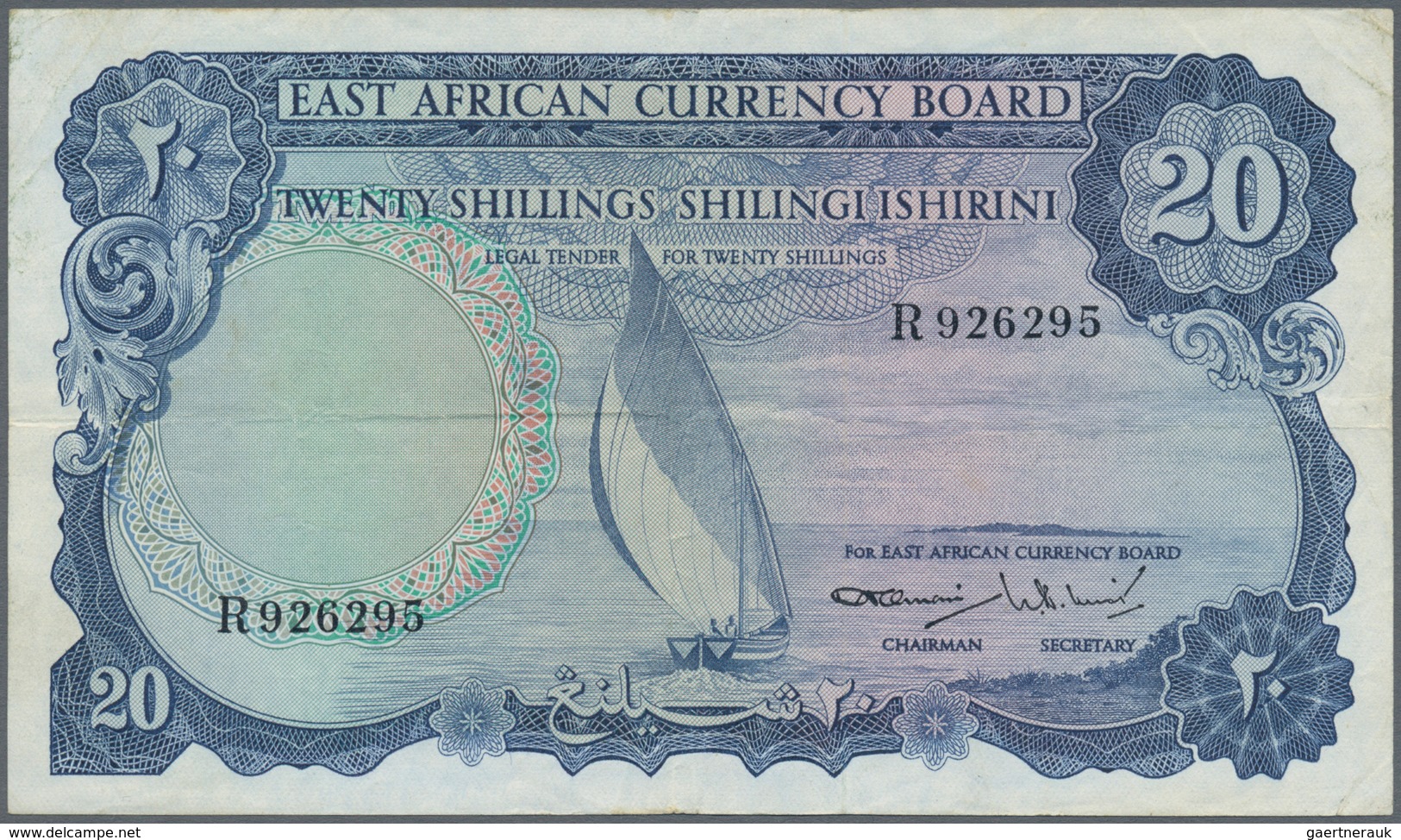 East Africa / Ost-Afrika: 20 Shillings ND P. 47, S/N R926295, Used With Vertical And Horizontal Fold - Otros – Africa