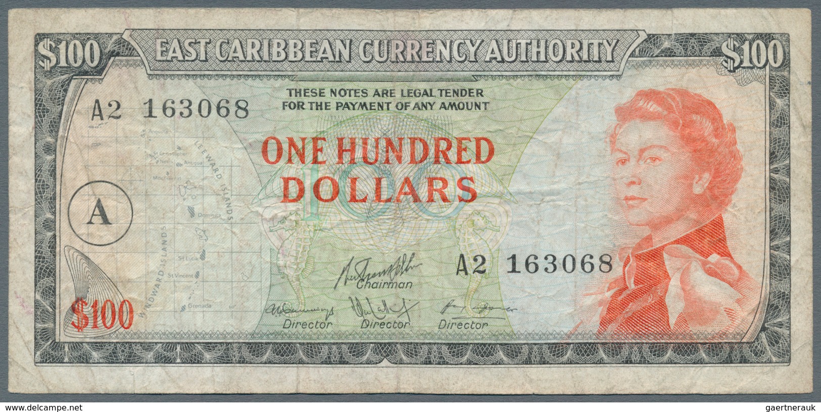 East Caribbean States / Ostkaribische Staaten: 100 Dollars ND(1965) With Overprint Letter "A" In Cir - Caribes Orientales