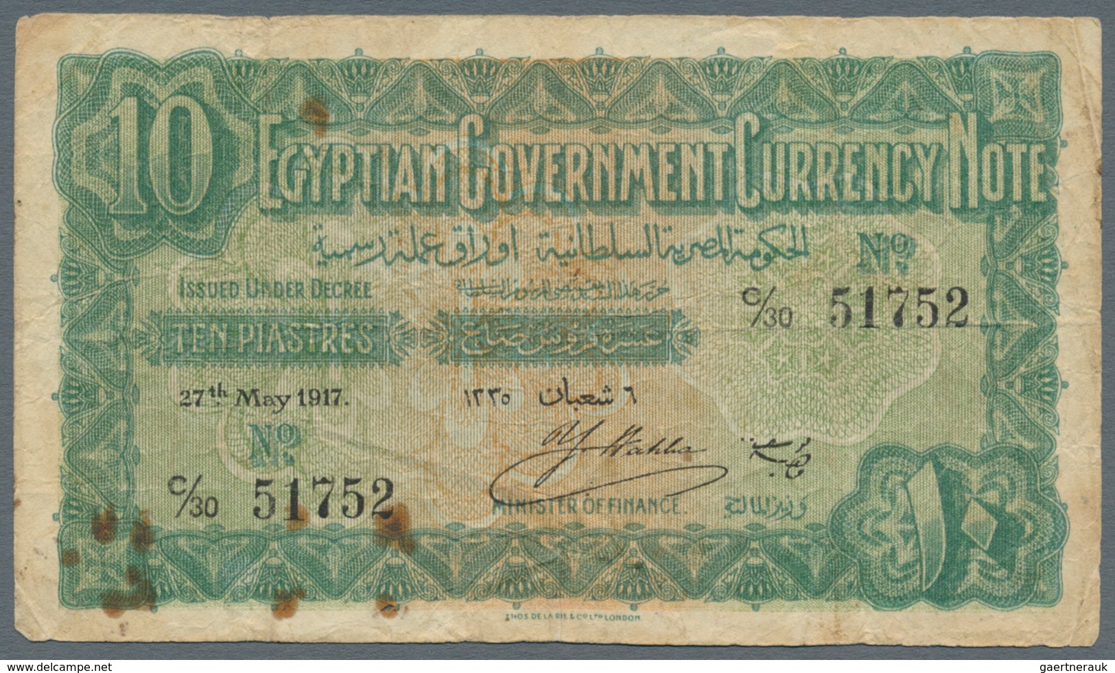 Egypt / Ägypten: 10 Piastres May 27th 1917, P.160b, Lightly Yellowed Paper With Some Rusty Pinholes - Egipto