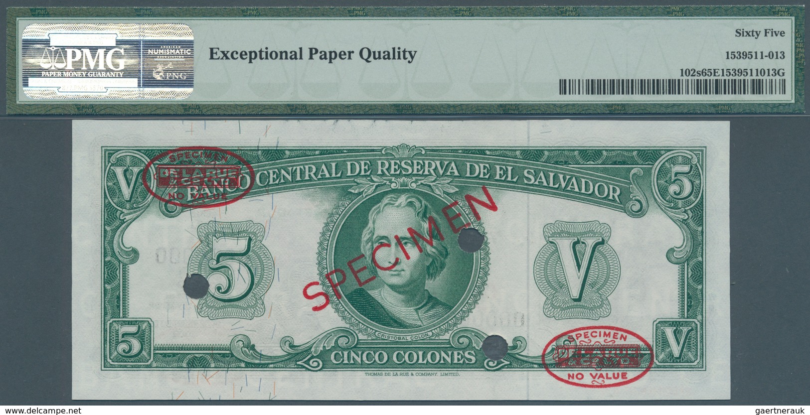 El Salvador: Banco Central De Reserva De El Salvador 5 Colones 1962 SPECIMEN, P.102s, PMG Graded 65 - Salvador