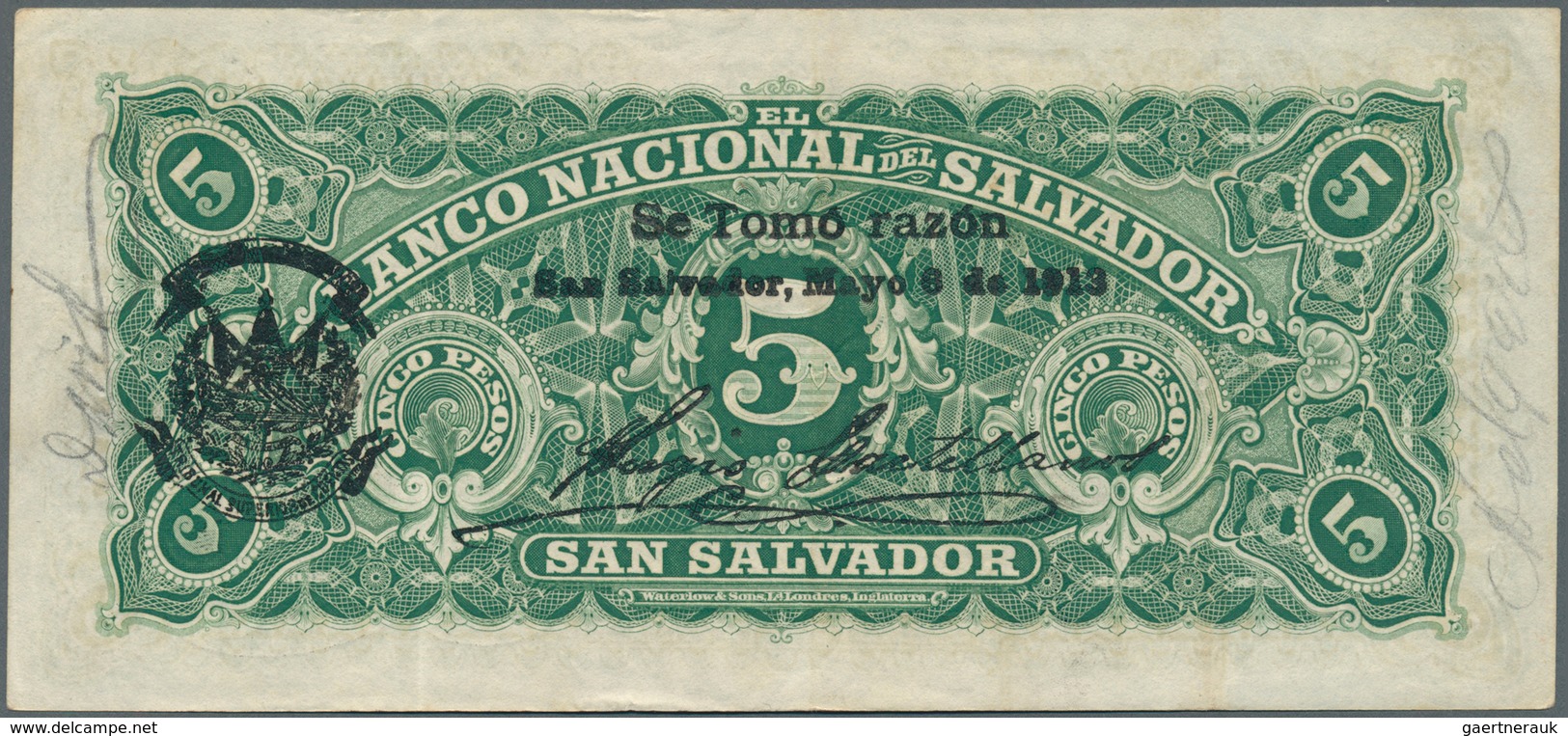 El Salvador: Banco Nacional Del Salvador 5 Pesos 1913, P.S162c, Some Soft Vertical Folds And Minor O - Salvador